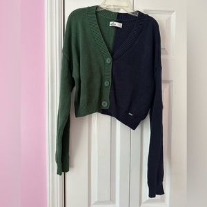 Hollister green & blue, color-blocked, 3-button cropped cardigan.  Size Small